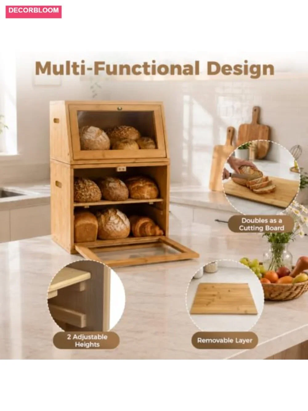 2-Tier Detachable Bamboo Bread Box, Farmhouse Kitchen Storage with Cutting Board